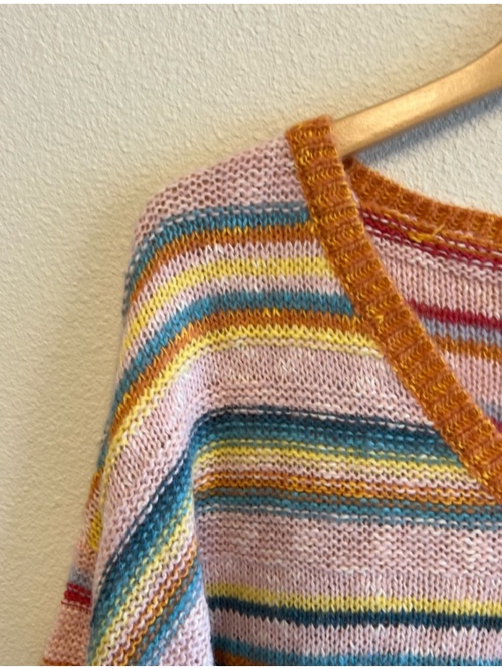 SUNDANCE Symphony Striped V-Neck Multicolor Lightweight Oversized Sweater Boho L - Picture 7 of 13